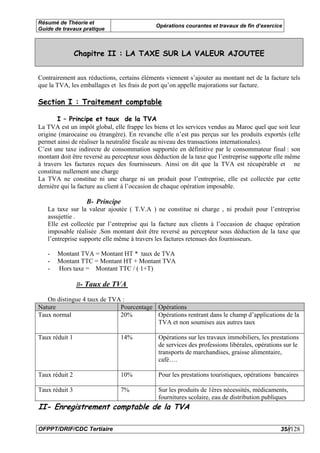Résumé de Théorie et
                                             Opérations courantes et travaux de fin d’exercice
Guide de travaux pratique



                Chapitre II : LA TAXE SUR LA VALEUR AJOUTEE


Contrairement aux réductions, certains éléments viennent s’ajouter au montant net de la facture tels
que la TVA, les emballages et les frais de port qu’on appelle majorations sur facture.

Section I : Traitement comptable

        I – Principe et taux de la TVA
La TVA est un impôt global, elle frappe les biens et les services vendus au Maroc quel que soit leur
origine (marocaine ou étrangère). En revanche elle n’est pas perçus sur les produits exportés (elle
permet ainsi de réaliser la neutralité fiscale au niveau des transactions internationales).
C’est une taxe indirecte de consommation supportée en définitive par le consommateur final : son
montant doit être reversé au percepteur sous déduction de la taxe que l’entreprise supporte elle même
à travers les factures reçues des fournisseurs. Ainsi on dit que la TVA est récupérable et ne
constitue nullement une charge
La TVA ne constitue ni une charge ni un produit pour l’entreprise, elle est collectée par cette
dernière qui la facture au client à l’occasion de chaque opération imposable.

                  B- Principe
   La taxe sur la valeur ajoutée ( T.V.A ) ne constitue ni charge , ni produit pour l’entreprise
   assujettie .
   Elle est collectée par l’entreprise qui la facture aux clients à l’occasion de chaque opération
   imposable réalisée .Son montant doit être reversé au percepteur sous déduction de la taxe que
   l’entreprise supporte elle même à travers les factures retenues des fournisseurs.

   -   Montant TVA = Montant HT * taux de TVA
   -   Montant TTC = Montant HT + Montant TVA
   -   Hors taxe = Montant TTC / ( 1+T)

                B- Taux de TVA

   On distingue 4 taux de TVA :
Nature                       Pourcentage Opérations
Taux normal                  20%         Opérations rentrant dans le champ d’applications de la
                                         TVA et non soumises aux autres taux

Taux réduit 1                  14%            Opérations sur les travaux immobiliers, les prestations
                                              de services des professions libérales, opérations sur le
                                              transports de marchandises, graisse alimentaire,
                                              café….

Taux réduit 2                  10%            Pour les prestations touristiques, opérations bancaires

Taux réduit 3                  7%             Sur les produits de 1ères nécessités, médicaments,
                                              fournitures scolaire, eau de distribution publiques
II- Enregistrement comptable de la TVA

OFPPT/DRIF/CDC Tertiaire                                                                      35//128
 