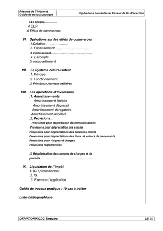 Résumé de Théorie et
                                              Opérations courantes et travaux de fin d’exercice
Guide de travaux pratique

        3.Le chèque.………….
     4.CCP
     5 Effets de commerces

  VI. Opérations sur les effets de commerces
      .1.Création…………………
      .2. Encaissement………………..………….
        .3. Endossement…………………………..………….
         .4. Escompte
        .5. renouvellement

 VII.    Le Système centralisateur
        .1. Principe
        .2. Fonctionnement
        .3. Principaux journaux axiliaires


 VIII. Les opérations d’inventaires
       .1. Amortissements
           Amortissement linéaire
          Amortissement dégressif
         Amortissement dérogatoire
         Amortissement accéléré
       .2. Provisions…
         Provisions pour dépréciation desimmobilisations
        Provisions pour dépreciation des stocks
        Provisions pour dépréciations des créances clients
        Provisions pour dépréciations des titres et valeurs de placements
        Provisions pour risques et charges
        Provisions réglementées


        .3. Régularisation des comptes de charges et de
        produits…………………………………………..………….


  IX. Liquidation de l’impôt
      1. IGR professionnel
      .2. IS.
       3. Exercice d’application

Guide de travaux pratique : 10 cas à traiter

Liste bibliographique




OFPPT/DRIF/CDC Tertiaire                                                                          3//128
 