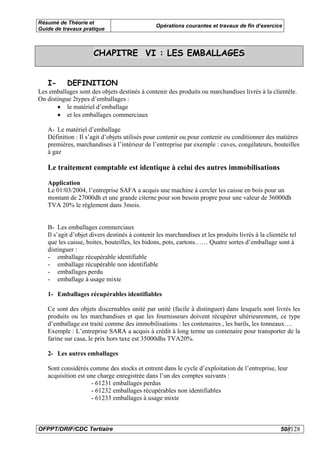 Résumé de Théorie et
                                               Opérations courantes et travaux de fin d’exercice
Guide de travaux pratique



                     CHAPITRE VI : LES EMBALLAGES


   I-      DEFINITION
Les emballages sont des objets destinés à contenir des produits ou marchandises livrés à la clientèle.
On distingue 2types d’emballages :
       • le matériel d’emballage
       • et les emballages commerciaux

   A- Le matériel d’emballage
   Définition : Il s’agit d’objets utilisés pour contenir ou pour contenir ou conditionner des matières
   premières, marchandises à l’intérieur de l’entreprise par exemple : cuves, congélateurs, bouteilles
   à gaz

   Le traitement comptable est identique à celui des autres immobilisations

   Application
   Le 01/03/2004, l’entreprise SAFA a acquis une machine à cercler les caisse en bois pour un
   montant de 27000dh et une grande citerne pour son besoin propre pour une valeur de 36000dh
   TVA 20% le règlement dans 3mois.


   B- Les emballages commerciaux
   Il s’agit d’objet divers destinés à contenir les marchandises et les produits livrés à la clientèle tel
   que les caisse, boites, bouteilles, les bidons, pots, cartons…… Quatre sortes d’emballage sont à
   distinguer :
   - emballage récupérable identifiable
   - emballage récupérable non identifiable
   - emballages perdu
   - emballage à usage mixte

   1- Emballages récupérables identifiables

   Ce sont des objets discernables unité par unité (facile à distinguer) dans lesquels sont livrés les
   produits ou les marchandises et que les fournisseurs doivent récupérer ultérieurement, ce type
   d’emballage est traité comme des immobilisations : les contenaires , les barils, les tonneaux….
   Exemple : L’entreprise SARA a acquis à crédit à long terme un contenaire pour transporter de la
   farine sur casa, le prix hors taxe est 35000dhs TVA20%.

   2- Les autres emballages

   Sont considérés comme des stocks et entrent dans le cycle d’exploitation de l’entreprise, leur
   acquisition est une charge enregistrée dans l’un des comptes suivants :
                    - 61231 emballages perdus
                    - 61232 emballages récupérables non identifiables
                    - 61233 emballages à usage mixte



OFPPT/DRIF/CDC Tertiaire                                                                           50//128
 