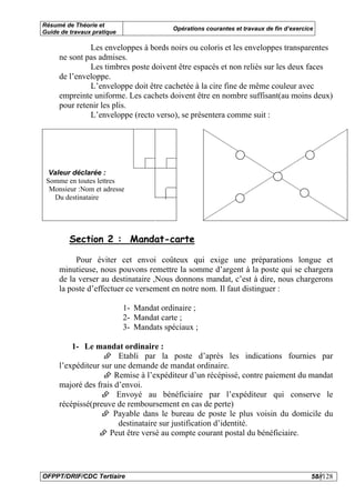 Résumé de Théorie et
                                         Opérations courantes et travaux de fin d’exercice
Guide de travaux pratique

              Les enveloppes à bords noirs ou coloris et les enveloppes transparentes
     ne sont pas admises.
              Les timbres poste doivent être espacés et non reliés sur les deux faces
     de l’enveloppe.
              L’enveloppe doit être cachetée à la cire fine de même couleur avec
     empreinte uniforme. Les cachets doivent être en nombre suffisant(au moins deux)
     pour retenir les plis.
              L’enveloppe (recto verso), se présentera comme suit :




  Valeur déclarée :
 Somme en toutes lettres
  Monsieur :Nom et adresse
   Du destinataire




         Section 2 : Mandat-carte

          Pour éviter cet envoi coûteux qui exige une préparations longue et
     minutieuse, nous pouvons remettre la somme d’argent à la poste qui se chargera
     de la verser au destinataire ,Nous donnons mandat, c’est à dire, nous chargerons
     la poste d’effectuer ce versement en notre nom. Il faut distinguer :

                            1- Mandat ordinaire ;
                            2- Mandat carte ;
                            3- Mandats spéciaux ;

         1- Le mandat ordinaire :
                       Etabli par la poste d’après les indications fournies par
     l’expéditeur sur une demande de mandat ordinaire.
                      Remise à l’expéditeur d’un récépissé, contre paiement du mandat
     majoré des frais d’envoi.
                       Envoyé au bénéficiaire par l’expéditeur qui conserve le
     récépissé(preuve de remboursement en cas de perte)
                      Payable dans le bureau de poste le plus voisin du domicile du
                       destinataire sur justification d’identité.
                    Peut être versé au compte courant postal du bénéficiaire.




OFPPT/DRIF/CDC Tertiaire                                                                 58//128
 