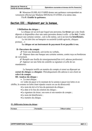 Résumé de Théorie et
                                        Opérations courantes et travaux de fin d’exercice
Guide de travaux pratique

          II Monsieur ELHILALI FARID donne une quittance correspondant au
     versement effectué par Madame DOUKALI FATIMA à la même date.
            T à F: Etablir la quittance.

Section III : Règlement par la banque

       I Définition du chèque :
           Le chèque est un écrit par lequel une personne, Le tireur qui a des fonds
     déposés et disponibles chez une autre personne donne à celle –ci Le tiré, l’ordre
     de payer une certaine somme , soit à elle même, soit à un tiers Le bénéficiaire.
            Le tiré doit être un banquier ou assimilé (crédit agricole, chèques
     postaux…)
            Le chèque est un instrument de payement il est payable à vue.

      II- Ouverture du compte
             Faire une demande, soit écrite ou verbale.
             Déposer dans une banque une certaine somme, contre reçu ou bordereau
     de versement.
             Remplir une feuille de renseignements(Etat civil, adresse profession)
             Apposer sur une fiche de contrôle sa signature et celle de ses
     mandataires.

                Le banquier notifie un numéro de compte et remet au déposant un
     carnet de chèque ou chéquier. Périodiquement elle adresse à son client un
     relevé de compte.
     III- Analyse du chèque :
             • Le mot chèque.
             • L’ordre de payer et le montant de la somme à payer (en lettre et en
chiffre, la somme en lettre étant réputée exacte en cas de désaccord)
             • Le nom du tiré et le lieu du paiement du chèque ;
             • La date et le lieu de création du chèque ;
             • La signature du tireur, son nom et son numéro de compte ;
             • Le nom du bénéficiaire ;
             • Le numéro du chèque.

IV- Différentes formes du chèque :

Formes                       Formules                        Observation




OFPPT/DRIF/CDC Tertiaire                                                                60//128
 