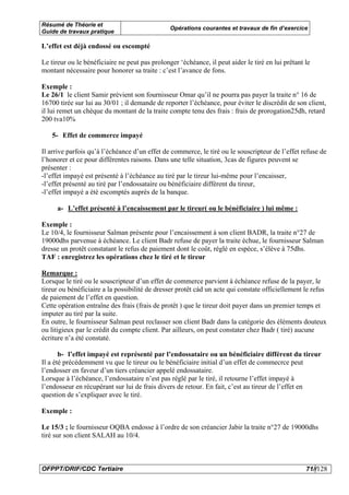 Résumé de Théorie et
                                                Opérations courantes et travaux de fin d’exercice
Guide de travaux pratique

L’effet est déjà endossé ou escompté

Le tireur ou le bénéficiaire ne peut pas prolonger ‘échéance, il peut aider le tiré en lui prêtant le
montant nécessaire pour honorer sa traite : c’est l’avance de fons.

Exemple :
Le 26/1 le client Samir prévient son fournisseur Omar qu’il ne pourra pas payer la traite n° 16 de
16700 tirée sur lui au 30/01 ; il demande de reporter l’échéance, pour éviter le discrédit de son client,
il lui remet un chèque du montant de la traite compte tenu des frais : frais de prorogation25dh, retard
200 tva10%

   5- Effet de commerce impayé

Il arrive parfois qu’à l’échéance d’un effet de commerce, le tiré ou le souscripteur de l’effet refuse de
l’honorer et ce pour différentes raisons. Dans une telle situation, 3cas de figures peuvent se
présenter :
-l’effet impayé est présenté à l’échéance au tiré par le tireur lui-même pour l’encaisser,
-l’effet présenté au tiré par l’endossataire ou bénéficiaire différent du tireur,
-l’effet impayé a été escomptés auprès de la banque.

     a- L’effet présenté à l’encaissement par le tireur( ou le bénéficiaire ) lui même :

Exemple :
Le 10/4, le fournisseur Salman présente pour l’encaissement à son client BADR, la traite n°27 de
19000dhs parvenue à échéance. Le client Badr refuse de payer la traite échue, le fournisseur Salman
dresse un protêt constatant le refus de paiement dont le coût, réglé en espèce, s’élève à 75dhs.
TAF : enregistrez les opérations chez le tiré et le tireur

Remarque :
Lorsque le tiré ou le souscripteur d’un effet de commerce parvient à échéance refuse de la payer, le
tireur ou bénéficiaire a la possibilité de dresser protêt càd un acte qui constate officiellement le refus
de paiement de l’effet en question.
Cette opération entraîne des frais (frais de protêt ) que le tireur doit payer dans un premier temps et
imputer au tiré par la suite.
En outre, le fournisseur Salman peut reclasser son client Badr dans la catégorie des éléments douteux
ou litigieux par le crédit du compte client. Par ailleurs, on peut constater chez Badr ( tiré) aucune
écriture n’a été constaté.

       b- l’effet impayé est représenté par l’endossataire ou un bénéficiaire différent du tireur
Il a été précédemment vu que le tireur ou le bénéficiaire initial d’un effet de commecrce peut
l’endosser en faveur d’un tiers créancier appelé endossataire.
Lorsque à l’échéance, l’endossataire n’est pas réglé par le tiré, il retourne l’effet impayé à
l’endosseur en récupérant sur lui de frais divers de retour. En fait, c’est au tireur de l’effet en
question de s’expliquer avec le tiré.

Exemple :

Le 15/3 ; le fournisseur OQBA endosse à l’ordre de son créancier Jabir la traite n°27 de 19000dhs
tiré sur son client SALAH au 10/4.



OFPPT/DRIF/CDC Tertiaire                                                                           71//128
 