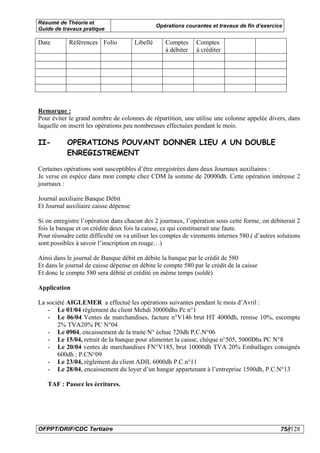 Résumé de Théorie et
                                                 Opérations courantes et travaux de fin d’exercice
Guide de travaux pratique

Date        Références Folio           Libellé      Comptes     Comptes
                                                    à débiter   à créditer




Remarque :
Pour éviter le grand nombre de colonnes de répartition, une utilise une colonne appelée divers, dans
laquelle on inscrit les opérations peu nombreuses effectuées pendant le mois.

II-        OPERATIONS POUVANT DONNER LIEU A UN DOUBLE
           ENREGISTREMENT

Certaines opérations sont susceptibles d’être enregistrées dans deux Journaux auxiliaires :
Je verse en espèce dans mon compte chez CDM la somme de 20000dh. Cette opération intéresse 2
journaux :

Journal auxiliaire Banque Débit
Et Journal auxiliaire caisse dépense

Si on enregistre l’opération dans chacun des 2 journaux, l’opération sous cette forme, on débiterait 2
fois la banque et on crédite deux fois la caisse, ce qui constituerait une faute.
Pour résoudre cette difficulté on va utiliser les comptes de virements internes 580.( d’autres solutions
sont possibles à savoir l’inscription en rouge…)

Ainsi dans le journal de Banque débit en débite la banque par le crédit de 580
Et dans le journal de caisse dépense en débite le compte 580 par le crédit de la caisse
Et donc le compte 580 sera débité et crédité en même temps (soldé)

Application

La société AIGLEMER a effectué les opérations suivantes pendant le mois d’Avril :
   - Le 01/04 règlement du client Mehdi 30000dhs Pc n°1
   - Le 06/04 Ventes de marchandises, facture n°V146 brut HT 4000dh, remise 10%, escompte
       2% TVA20% PC N°04
   - Le 0904, encaissement de la traite N° échue 720dh P.C.N°06
   - Le 15/04, retrait de la banque pour alimenter la caisse, chèque n°505, 5000Dhs PC N°8
   - Le 20/04 ventes de marchandises FN°V185, brut 10000dh TVA 20% Emballages consignés
       600dh ; P.CN°09
   - Le 23/04, règlement du client ADIL 6000dh P.C.n°11
   - Le 28/04, encaissement du loyer d’un hangar appartenant à l’entreprise 1500dh, P.C.N°13

   TAF : Passez les écritures.




OFPPT/DRIF/CDC Tertiaire                                                                         75//128
 