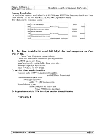 Résumé de Théorie et
                                                  Opérations courantes et travaux de fin d’exercice
Guide de travaux pratique

Exemple d’application :
Un matériel de transport a été acheté le 01/01/2000 pour 100000dhs il est amortissable sur 5 ans
(amrt.linéaire) ; il a été cédé pour 80000 le 30/2/2002 (règlement à crédit)
TAF : Présenter les écriture au journal

                  61934 DEA du mat de traspt                                            10000
                   2834                                 Amrt mat traspt                          10000
                   6513 VNA des immob,incorp cédées                                    500000
                   2834 Amrt,du mat trasprt                                            500000
                    231                                 Mat de trasprt                          100000
                   3481 Créance sur cession des immob                                  800000
                   7513                                 Pdts de cess,des immob,corp,            800000




C- Cas d’une immobilisation ayant fait l’objet d’un amrt.dérogatoire ou d’une
prov.pr dép. :
      - Cas de l’amrt.dérogatoire : ou exceptionnel
      Crédit 7594 :reprise non courante sur prov réglementées
      Ou75941 rep.sur amrt dérog.
      -cas d’une immob ayant fat l’objet d’une pro pr dép. :
      débit cpte de prov pr dép concerné
      crédit 7596 RNC sur prov pr dép.
D- cession d’une immob.financière
      1-cession :débit 6544 VNA des immob fin.cédées
                                             crédit 2510titre de participat
      2-encaissement du px de vente
              débit : cpte trésorerie
                      crédit : 7514 PC des immob.fin
      3-annulation de la prov.
                      Débit :2951 prov des titre de part
                               Crédit 7551 Réprise des tit.part
E- Régularisation de la TVA lors d’une cession d’immobilisation

       Voir partie 1




OFPPT/DRIF/CDC Tertiaire                                                                                 86//128
 