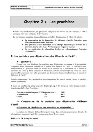 Résumé de Théorie et
                                             Opérations courantes et travaux de fin d’exercice
Guide de travaux pratique




                  Chapitre 2 : Les provisions

  Comme Les amortissements, les provisions font partie des travaux de fin d’exercice. Le PCM
  distingue entre trois catégories de provisions :
  La provision est un appauvrissement futurs et probables du patrimoine de l’Ese, elle est être :
              •   La constatation de la diminution des éléments d’actif : Provisions pour
                  dépréciation des éléments de l’actif
              •   Ella provision donne naissance à une charge incertaine par le biais de la
                  provision pour y faire face : Provisions pour risques et charges
              •   Ou en application des disposition légales ou réglementaires : Provisions
                  réglementées.

I- Les provisions pour dépréciations des éléments de l’actif :

       A- Définition :
       Comme son nom l’indique, la provision pour dépréciation correspond à la constatation
comptable d’une diminution probable de la valeur d’un élément de l’actif : la différence entre
amortissement et provision réside au niveau de la certitude de la diminution de la valeur de
l’élément de l’actif ( Amrt. Constate la diminution certaine(irréversible)de la valeur de l’actif
amortissable quant aux prov elles constatent les diminutions latentes(probables) de la valeur de
l’élément de l’actif

Tous les éléments de l’actif peuvent être amortissables sauf les immob. en non valeurs et certaines
immob. corporelles.

Il existe un parallélisme entre les postes de prov.pr dép.et des postes de l’actif correspondants :
insertion du chiffre 9 en 2e position :

       Titre de participation poste N°251 cpte de prov. :         2951
       Marchandises                       311                     3911
       Clients                            342                     3942

      1- Constatation de la provision pour dépréciation d’élément
d’actif
       a-Provisions pr dépréciation des immobilisation incorporelles :

       La valeur des éléments de l’actif incorporel risque dans certaines circonstances de subir des
dépréciations importantes qu’il fait constater sous forme de provisions.

Débit :6194 DE pr dép.des immob


OFPPT/DRIF/CDC Tertiaire                                                                      87//128
 