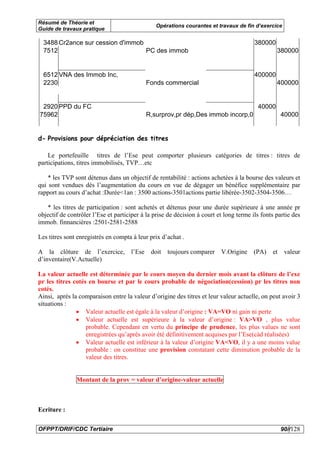 Résumé de Théorie et
                                                Opérations courantes et travaux de fin d’exercice
Guide de travaux pratique

  3488 Cr2ance sur cession d'immob                                                      380000
  7512                             PC des immob                                                  380000


  6512 VNA des Immob Inc,                                                               400000
  2230                                       Fonds commercial                                    400000


 2920 PPD du FC                                                                          40000
75962                                        R,surprov,pr dép,Des immob incorp,0                    40000


d- Provisions pour dépréciation des titres

    Le portefeuille titres de l’Ese peut comporter plusieurs catégories de titres : titres de
participations, titres immobilisés, TVP…etc

    * les TVP sont détenus dans un objectif de rentabilité : actions achetées à la bourse des valeurs et
qui sont vendues dés l’augmentation du cours en vue de dégager un bénéfice supplémentaire par
rapport au cours d’achat :Durée<1an : 3500 actions-3501actions partie libérée-3502-3504-3506…

   * les titres de participation : sont achetés et détenus pour une durée supérieure à une année pr
objectif de contrôler l’Ese et participer à la prise de décision à court et long terme ils fonts partie des
immob. finnancières :2501-2581-2588

Les titres sont enregistrés en compta à leur prix d’achat .

A la clôture de l’exercice,          l’Ese    doit   toujours comparer    V.Origine     (PA)   et    valeur
d’inventaire(V.Actuelle)

La valeur actuelle est déterminée par le cours moyen du dernier mois avant la clôture de l’exe
pr les titres cotés en bourse et par le cours probable de négociation(cession) pr les titres non
cotés.
Ainsi, après la comparaison entre la valeur d’origine des titres et leur valeur actuelle, on peut avoir 3
situations :
               • Valeur actuelle est égale à la valeur d’origine : VA=VO ni gain ni perte
               • Valeur actuelle est supérieure à la valeur d’origine : VA>VO , plus value
                   probable. Cependant en vertu du principe de prudence, les plus values ne sont
                   enregistrées qu’après avoir été définitivement acquises par l’Ese(càd réalisées)
               • Valeur actuelle est inférieur à la valeur d’origine VA<VO, il y a une moins value
                   probable : on constitue une provision constatant cette diminution probable de la
                   valeur des titres.


               Montant de la prov = valeur d’origine-valeur actuelle



Ecriture :

OFPPT/DRIF/CDC Tertiaire                                                                            90//128
 