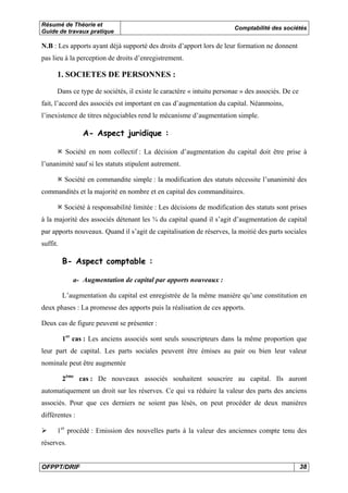 Résumé de Théorie et
Guide de travaux pratique

Comptabilité des sociétés

N.B : Les apports ayant déjà supporté des droits d’apport lors de leur formation ne donnent
pas lieu à la perception de droits d’enregistrement.

1. SOCIETES DE PERSONNES :
Dans ce type de sociétés, il existe le caractère « intuitu personae » des associés. De ce
fait, l’accord des associés est important en cas d’augmentation du capital. Néanmoins,
l’inexistence de titres négociables rend le mécanisme d’augmentation simple.

A- Aspect juridique :
Société en nom collectif : La décision d’augmentation du capital doit être prise à
l’unanimité sauf si les statuts stipulent autrement.
Société en commandite simple : la modification des statuts nécessite l’unanimité des
commandités et la majorité en nombre et en capital des commanditaires.
Société à responsabilité limitée : Les décisions de modification des statuts sont prises
à la majorité des associés détenant les ¾ du capital quand il s’agit d’augmentation de capital
par apports nouveaux. Quand il s’agit de capitalisation de réserves, la moitié des parts sociales
suffit.

B- Aspect comptable :
a- Augmentation de capital par apports nouveaux :
L’augmentation du capital est enregistrée de la même manière qu’une constitution en
deux phases : La promesse des apports puis la réalisation de ces apports.
Deux cas de figure peuvent se présenter :
1er cas : Les anciens associés sont seuls souscripteurs dans la même proportion que
leur part de capital. Les parts sociales peuvent être émises au pair ou bien leur valeur
nominale peut être augmentée
2ème cas : De nouveaux associés souhaitent souscrire au capital. Ils auront
automatiquement un droit sur les réserves. Ce qui va réduire la valeur des parts des anciens
associés. Pour que ces derniers ne soient pas lésés, on peut procéder de deux manières
différentes :
1er procédé : Emission des nouvelles parts à la valeur des anciennes compte tenu des
réserves.

OFPPT/DRIF

38

 