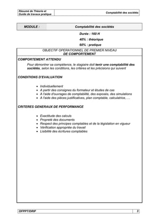 Résumé de Théorie et
Guide de travaux pratique

MODULE :

Comptabilité des sociétés

Comptabilité des sociétés
Durée : 160 H
40% : théorique
60% : pratique
OBJECTIF OPERATIONNEL DE PREMIER NIVEAU
DE COMPORTEMENT

COMPORTEMENT ATTENDU
Pour démontrer sa compétence, le stagiaire doit tenir une comptabilité des
sociétés, selon les conditions, les critères et les précisions qui suivent
CONDITIONS D’EVALUATION
•
•
•
•

Individuellement
A partir des consignes du formateur et études de cas
A l'aide d'ouvrages de comptabilité, des exposés, des simulations
A l'aide des pièces justificatives, plan comptable, calculatrice,….

CRITERES GENERAUX DE PERFORMANCE
•
•
•
•
•

OFPPT/DRIF

Exactitude des calculs
Propreté des documents
Respect des principes comptables et de la législation en vigueur
Vérification appropriée du travail
Lisibilité des écritures comptables

3

 
