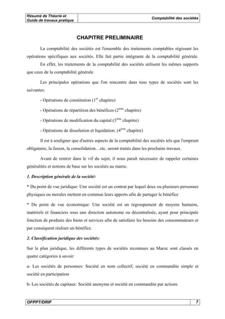 Résumé de Théorie et
Guide de travaux pratique

Comptabilité des sociétés

CHAPITRE PRELIMINAIRE
La comptabilité des sociétés est l'ensemble des traitements comptables régissant les
opérations spécifiques aux sociétés. Elle fait partie intégrante de la comptabilité générale.
En effet, les traitements de la comptabilité des sociétés utilisent les mêmes supports
que ceux de la comptabilité générale
Les principales opérations que l'on rencontre dans tous types de sociétés sont les
suivantes:
- Opérations de constitution (1er chapitre)
- Opérations de répartition des bénéfices (2ème chapitre)
- Opérations de modification du capital (3ème chapitre)
- Opérations de dissolution et liquidation. (4ème chapitre)
Il est à souligner que d'autres aspects de la comptabilité des sociétés tels que l'emprunt
obligataire, la fusion, la consolidation…etc. seront traités dans les prochains travaux.
Avant de rentrer dans le vif du sujet, il nous paraît nécessaire de rappeler certaines
généralités et notions de base sur les sociétés au maroc.
1. Description générale de la société:
* Du point de vue juridique: Une société est un contrat par lequel deux ou plusieurs personnes
physiques ou morales mettent en commun leurs apports afin de partager le bénéfice
* Du point de vue économique: Une société est un regroupement de moyens humains,
matériels et financiers sous une direction autonome ou décentralisée, ayant pour principale
fonction de produire des biens et services afin de satisfaire les besoins des consommateurs et
par conséquent réaliser un bénéfice.
2. Classification juridique des sociétés:
Sur le plan juridique, les différents types de sociétés reconnues au Maroc sont classés en
quatre catégories à savoir:
a- Les sociétés de personnes: Société en nom collectif, société en commandite simple et
société en participation
b- Les sociétés de capitaux: Société anonyme et société en commandite par actions

OFPPT/DRIF

7

 