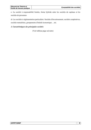 Résumé de Théorie et
Guide de travaux pratique

Comptabilité des sociétés

c- La société à responsabilité limitée, forme hybride entre les sociétés de capitaux et les
sociétés de personnes
d- Les sociétés à réglementation particulière: Sociétés d'investissement, sociétés coopératives,
sociétés mutualistes, groupements d'intérêt économique….etc.
3. Caractéristiques des principales sociétés:
(Voir tableau page suivante)

OFPPT/DRIF

8

 