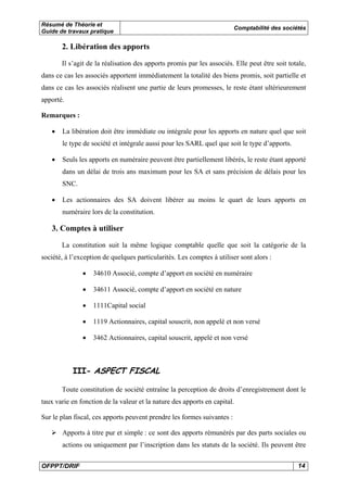 Résumé de Théorie et
Guide de travaux pratique
Comptabilité des sociétés
OFPPT/DRIF 14
2. Libération des apports
Il s’agit de la réalisation des apports promis par les associés. Elle peut être soit totale,
dans ce cas les associés apportent immédiatement la totalité des biens promis, soit partielle et
dans ce cas les associés réalisent une partie de leurs promesses, le reste étant ultérieurement
apporté.
Remarques :
• La libération doit être immédiate ou intégrale pour les apports en nature quel que soit
le type de société et intégrale aussi pour les SARL quel que soit le type d’apports.
• Seuls les apports en numéraire peuvent être partiellement libérés, le reste étant apporté
dans un délai de trois ans maximum pour les SA et sans précision de délais pour les
SNC.
• Les actionnaires des SA doivent libérer au moins le quart de leurs apports en
numéraire lors de la constitution.
3. Comptes à utiliser
La constitution suit la même logique comptable quelle que soit la catégorie de la
société, à l’exception de quelques particularités. Les comptes à utiliser sont alors :
• 34610 Associé, compte d’apport en société en numéraire
• 34611 Associé, compte d’apport en société en nature
• 1111Capital social
• 1119 Actionnaires, capital souscrit, non appelé et non versé
• 3462 Actionnaires, capital souscrit, appelé et non versé
III- ASPECT FISCAL
Toute constitution de société entraîne la perception de droits d’enregistrement dont le
taux varie en fonction de la valeur et la nature des apports en capital.
Sur le plan fiscal, ces apports peuvent prendre les formes suivantes :
Apports à titre pur et simple : ce sont des apports rémunérés par des parts sociales ou
actions ou uniquement par l’inscription dans les statuts de la société. Ils peuvent être
 