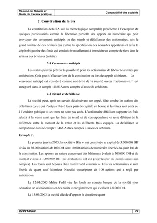 Résumé de Théorie et
Guide de travaux pratique
Comptabilité des sociétés
OFPPT/DRIF 22
2. Constitution de la SA
La constitution de la SA suit la même logique comptable précédente à l’exception de
quelques particularités comme la libération partielle des apports en numéraire qui peut
provoquer des versements anticipés ou des retards et défaillances des actionnaires, puis le
grand nombre de ces derniers qui exclue la spécification des noms des apporteurs et enfin le
dépôt obligatoire des fonds qui conduit éventuellement à introduire un compte de tiers dans le
schéma des écritures (notaire).
2-1 Versements anticipés
Les statuts peuvent prévoir la possibilité pour les actionnaires de libérer leurs titres par
anticipation. Cela peut s’effectuer lors de la constitution ou lors des appels ultérieurs. Le
versement anticipé est considéré comme une dette de la société envers l’actionnaire. Il est
enregistré dans le compte : 4468 Autres comptes d’associés créditeurs.
2-2 Retard et défaillance
La société peut, après un certain délai suivant son appel, faire vendre les actions des
défaillants (ceux qui n'ont pas libéré leurs parts de capital) en bourse si les titres sont cotés ou
à l’enchère publique si les titres ne sont pas cotés. L’actionnaire défaillant supporte les frais
relatifs à la vente ainsi que les frais de retard et de correspondance et reste débiteur de la
différence entre le montant de la vente et les différents frais engagés. La défaillance se
comptabilise dans le compte : 3468 Autres comptes d’associés débiteurs.
Exemple 3 :
Le premier janvier 2003, la société « Bêta » est constituée au capital de 3.000.000 DH
divisé en 30.000 actions de 100 DH dont 10.000 actions de numéraire libérées du quart lors de
la constitution. Les apports en nature concernent des bâtiments évalués à 500.000 DH et du
matériel évalué à 1.500.000 DH (les évaluations ont été prouvées par les commissaires aux
comptes). Les fonds sont déposés chez maître Fadil « notaire ». Tous les actionnaires se sont
libérés du quart sauf Monsieur Naoufal souscripteur de 100 actions qui a réglé par
anticipation.
Le 12/01/2003 Maître Fadil vire les fonds au compte banque de la société sous
déduction de ses honoraires et des droits d’enregistrement qui s’élèvent à 8.000 DH.
Le 15/06/2003 la société décide d’appeler le deuxième quart.
 