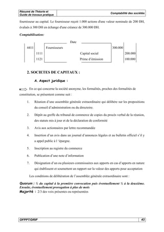 Résumé de Théorie et
Guide de travaux pratique
Comptabilité des sociétés
OFPPT/DRIF 43
fournisseur au capital. Le fournisseur reçoit 1.000 actions d'une valeur nominale de 200 DH,
évalués à 300 DH en échange d'une créance de 300.000 DH.
Comptabilisation:
Date
4411 Fournisseurs 300.000
1111 Capital social 200.000
1121 Prime d’émission 100.000
2. SOCIETES DE CAPITAUX :
A. Aspect juridique :
En ce qui concerne la société anonyme, les formalités, proches des formalités de
constitution, se présentent comme suit :
1. Réunion d’une assemblée générale extraordinaire qui délibère sur les propositions
du conseil d’administration ou du directoire.
2. Dépôt au greffe du tribunal de commerce de copies du procès verbal de la réunion,
des statuts mis à jour et de la déclaration de conformité
3. Avis aux actionnaires par lettre recommandée
4. Insertion d’un avis dans un journal d’annonces légales et au bulletin officiel s’il y
a appel public à l ‘épargne.
5. Inscription au registre du commerce
6. Publication d’une note d’information
7. Désignation d’un ou plusieurs commissaires aux apports en cas d’apports en nature
qui établissent et soumettent un rapport sur la valeur des apports pour acceptation
Les conditions de délibération de l’assemblée générale extraordinaire sont :
Quorum : ½ du capital à la première convocation puis éventuellement ¼ à la deuxième.
Ensuite, éventuellement prorogation à plus de mois
Majorité : 2/3 des voix présentes ou représentées
 
