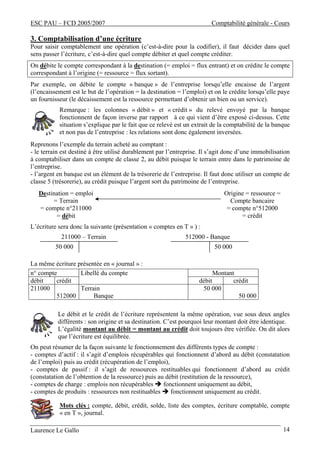 ESC PAU – FCD 2005/2007 Comptabilité générale - Cours
Laurence Le Gallo 14
3. Comptabilisation d’une écriture
Pour saisir comptablement une opération (c’est-à-dire pour la codifier), il faut décider dans quel
sens passer l’écriture, c’est-à-dire quel compte débiter et quel compte créditer.
On débite le compte correspondant à la destination (= emploi = flux entrant) et on crédite le compte
correspondant à l’origine (= ressource = flux sortant).
Par exemple, on débite le compte « banque » de l’entreprise lorsqu’elle encaisse de l’argent
(l’encaissement est le but de l’opération = la destination = l’emploi) et on le crédite lorsqu’elle paye
un fournisseur (le décaissement est la ressource permettant d’obtenir un bien ou un service).
Remarque : les colonnes « débit » et « crédit » du relevé envoyé par la banque
fonctionnent de façon inverse par rapport à ce qui vient d’être exposé ci-dessus. Cette
situation s’explique par le fait que ce relevé est un extrait de la comptabilité de la banque
et non pas de l’entreprise : les relations sont donc également inversées.
Reprenons l’exemple du terrain acheté au comptant :
- le terrain est destiné à être utilisé durablement par l’entreprise. Il s’agit donc d’une immobilisation
à comptabiliser dans un compte de classe 2, au débit puisque le terrain entre dans le patrimoine de
l’entreprise.
- l’argent en banque est un élément de la trésorerie de l’entreprise. Il faut donc utiliser un compte de
classe 5 (trésorerie), au crédit puisque l’argent sort du patrimoine de l’entreprise.
L’écriture sera donc la suivante (présentation « comptes en T » ) :
La même écriture présentée en « journal » :
n° compte Montant
débit crédit
Libellé du compte
débit crédit
211000
512000
Terrain
Banque
50 000
50 000
Le débit et le crédit de l’écriture représentent la même opération, vue sous deux angles
différents : son origine et sa destination. C’est pourquoi leur montant doit être identique.
L’égalité montant au débit = montant au crédit doit toujours être vérifiée. On dit alors
que l’écriture est équilibrée.
On peut résumer de la façon suivante le fonctionnement des différents types de compte :
- comptes d’actif : il s’agit d’emplois récupérables qui fonctionnent d’abord au débit (constatation
de l’emploi) puis au crédit (récupération de l’emploi),
- comptes de passif : il s’agit de ressources restituables qui fonctionnent d’abord au crédit
(constatation de l’obtention de la ressource) puis au débit (restitution de la ressource),
- comptes de charge : emplois non récupérables fonctionnent uniquement au débit,
- comptes de produits : ressources non restituables fonctionnent uniquement au crédit.
Mots clés : compte, débit, crédit, solde, liste des comptes, écriture comptable, compte
« en T », journal.
Origine = ressource =
Compte bancaire
= compte n°512000
= crédit
Destination = emploi
= Terrain
= compte n°211000
= débit
211000 – Terrain
50 000
512000 - Banque
50 000
 