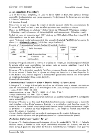 ESC PAU – FCD 2005/2007 Comptabilité générale - Cours
Laurence Le Gallo 18
2. Les opérations d’inventaire
A la fin de l’exercice comptable, Mr Lucas va devoir établir son bilan. Mais certaines écritures
comptables de régularisation sont encore nécessaires. Ces écritures de fin d’exercice, sont appelées
« écritures d’inventaire ».
2.1. Variation de stock
Nous avons vu que les charges du compte de résultat devaient refléter les consommations de
l’exercice. Or jusqu’à présent, ce sont les achats que nous avons enregistrés en charges.
Dans le cas de Mr Lucas, les achats de T-shirts s’élèvent à 2 000 unités (1 000 unités au comptant +
1 000 unités à crédit) et les ventes à 1 500 unités (1 000 unités au comptant + 500 unités à crédit).
En fait, Mr Lucas n’a consommé que 1 500 T-shirts sur les 2 000 achetés. Il faut donc retirer 500 T-
shirts des charges pour les porter à l’actif.
Ainsi, l’écriture de régularisation consiste à faire apparaître le stock à l’actif (débit d’un compte de
classe 3) et à diminuer les charges (crédit d’un compte de classe 6).
Exemple n°12 : constatation d’un stock final de 500 unités à 5 € pièce :
n°
compte
débit
n°
compte
crédit
Libellé du compte
Montant
débit
Montant
crédit
370000
603700
Stock de marchandises
Variation du stock de
marchandises
2 500
2 500
Remarque n°1 : pour améliorer le contrôle et la lecture des comptes, on ne diminue pas directement
le compte utilisé pour comptabiliser les achats, mais un compte spécifique réservé à la
régularisation des stocks en fin d’exercice.
Remarque n°2 : le stock ainsi transféré à l’actif sera consommé l’année suivante. A l’ouverture de
l’exercice suivant, il faudra donc le rajouter aux charges de l’exercice et le faire disparaître de
l’actif. Pour ce faire, il suffira de passer la même écriture que ci-dessus mais en sens inverse (débit
du compte de charge et crédit du compte de stock).
En année pleine on a ainsi :
Consommation de l’exercice = achats + SI (stock initial) – SF (stock final)
Remarque n°3 : la marge de l’entreprise se calcule par différence entre le montant des ventes et
celui des consommations. Dans le cas de l’entreprise de Mr Lucas, la marge se calcule comme suit :
- ventes : 7 000 + 3 500 = 10 500 €
- consommations = achats + SI - SF = 10 000 + 0 – 2 500 = 7 500 €
- marge commerciale = 10 500 – 7 500 = 3 000 €.
Cette marge peut également se retrouver en multipliant les quantités vendues (1 500 T-shirts) par la
marge unitaire (2 €).
Remarque n°4 : dans le cas d’un stock de produits finis le mécanisme comptable reste le même : le
stock initial est porté au débit d’un compte d’activité et le stock final au crédit du même compte. En
revanche, la variation de stock ne sera pas présentée dans un compte de charge mais dans un compte
de produit (« 713. Variation de stock de produits finis »). Au compte de résultat, elle permet de
passer des ventes à la production :
- le stock final a été produit mais pas vendu : il vient augmenter les produits de l’exercice
- le stock initial a été vendu mais pas produit sur l’exercice : il vient diminuer les produits.
Production de l’exercice = ventes + SF - SI
Remarque n°5 : il existe plusieurs méthodes pour valoriser les stocks (PEPS, CMUP, …). Selon la
méthode choisie, le montant du stock (et par conséquence du résultat de l’exercice) sera plus ou
moins élevée. Il peut donc être tentant de choisir la méthode la plus avantageuse selon que l’on
 
