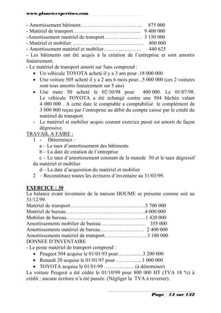 www.planeteexpertises.com
Page 13 sur 132
- Amortissement bâtiment……………………………... 875 000
- Matériel de transport……………………………….... 9 400 000
-Amortissement matériel de transport……………….… 3 150 000
- Matériel et mobilier…………………………………… 800 000
- Amortissement matériel et mobilier………...……….. 440 625
- Les bâtiments ont été acquis à la création de l’entreprise et sont amortis
linéairement.
- Le matériel de transport amorti sur 5ans comprend :
 Un véhicule TOYOTA acheté il y a 3 ans pour .18 000 000
 Une voiture 505 acheté il y a 2 ans 6 mois pour...5 000 000 (ces 2 voitures
sont tous amortis linéairement sur 5 ans)
 Une mate 50 acheté le 02/10/98 pour 400 000. Le 01/07/98.
Le véhicule TOYOTA a été échangé contre une 504 bâchée valant
4 000 000 . A cette date le comptable a comptabilisé le complément de
3 000 000 reçus par l’entreprise au débit du compte caisse par le crédit du
matériel de transport.
- Le matériel et mobilier acquis courant exercice passé est amorti de façon
dégressive.
TRAVAIL A FAIRE :
1 - Déterminez :
a – Le taux d’amortissement des bâtiments
b – La date de création de l’entreprise
c – Le taux d’amortissement constant de la matede 50 et le taux dégressif
du matériel et mobilier
d – La date d’acquisition du matériel et mobilier
2 – Reconstituez toutes les écritures d’inventaire au 31/03/99.
EXERCICE : 30
La balance avant inventaire de la maison HOUME se présente comme suit au
31/12/99.
Matériel de transport……………………………..………5 700 000
Matériel de bureau……………………………………….4 000 000
Mobilier de bureau…………………………………….…1 420 000
Amortissements mobilier de bureau ……...…………….. 355 000
Amortissements matériel de bureau……………..……… 2 400 000
Amortissements matériel de transport……….……………3 180 000
DONNEE D’INVENTAIRE
- Le poste matériel de transport comprend :
 Peugeot 504 acquise le 01/01/93 pour………...…3 200 000
 Renault 20 acquise le 01/01/97 pour ………...….1 000 000
 TOYOTA acquise le 01/01/99 ……………... (à déterminer)
La voiture Peugeot a été cédée le 01/10/99 pour 800 000 HT (TVA 18 %) à
crédit ; aucune écriture n’a été passée. (Négliger la TVA à reverser).
 