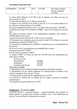 www.planeteexpertises.com
Page 36 sur 132
ALBERIQUE 731 600 30 % 141 900 Du solde on espère
Encore récupérer
247 800
Le client Bobo débiteur de 66 080 vient de déposer son bilan son taux de
recouvrement est 45 %
Le client Basile débiteur de 47 200 est introuvable
L’emprunt a été contracté le 01/10/99 au taux de 12 % l’an remboursable sur 5
ans. Premier remboursement le 01/10/2000.
Une grosse réparation est prévue pour l ‘an 2002 coût total estimé 1 440 000 F
La patente de l’année 99 est estimée à 80 000 F mais l’avertissement n’a pas été
reçu.
Des droits de douane relatifs à des marchandises importées sont estimés à
140 000 (facture non reçue)
La prime d’assurance payée le 01/11/99 couvre un semestre
A l’inventaire nous constatons que la facture de vente N°45 à Biaou n’a pas été
comptabilisée montant 295 000 F TTC.
Un subvention d’exploitation de 250 000 F est promise par la circonscription de
Porto-Novo.
On lit sur le relevé, les opérations non comptabilisées ci-après
Virement des clients 75 000 F
Frais de tenue de compte 15 000 F
Le chèque N°0087 à l’ordre de Pierre de 120 000 avait été comptabilisé par
erreur pour 210 000.
Il reste est stock
Marchandises 840 000
Emballages 450 000
Fournitures de bureau 128 000
TRAVAIL A FAIRE
1°) Déterminer le taux d’amortissement constant du matériel de transport
2°) Représenter sur une même graphique les amortissements constants et les
valeurs comptables de la voitures Toyota.
3°) Passer toutes les écritures de régularisation au 31/12/99
4°) Calculer le résultat net en passant par les étapes successives (comptes
schématiques)
5°) Présenter le passif du bilan au 31/12/99.
EXERCICE : 71 CAP/AC (2003)
La société ‘’KLEO’’, spécialisée dans la commercialisation des produits de
beauté achetés à un fournisseur installé à Parakou, met à votre disposition au
titre de l’exercice 2000 les informations suivantes :
 