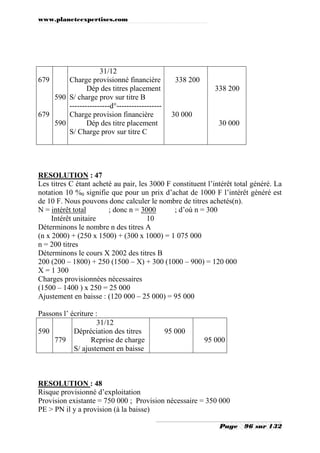 www.planeteexpertises.com
Page 96 sur 132
679
679
590
590
31/12
Charge provisionné financière
Dép des titres placement
S/ charge prov sur titre B
----------------d°------------------
Charge provision financière
Dép des titre placement
S/ Charge prov sur titre C
338 200
30 000
338 200
30 000
RESOLUTION : 47
Les titres C étant acheté au pair, les 3000 F constituent l’intérêt total généré. La
notation 10 %0 signifie que pour un prix d’achat de 1000 F l’intérêt généré est
de 10 F. Nous pouvons donc calculer le nombre de titres achetés(n).
N = intérêt total ; donc n = 3000 ; d’où n = 300
Intérêt unitaire 10
Déterminons le nombre n des titres A
(n x 2000) + (250 x 1500) + (300 x 1000) = 1 075 000
n = 200 titres
Déterminons le cours X 2002 des titres B
200 (200 – 1800) + 250 (1500 – X) + 300 (1000 – 900) = 120 000
X = 1 300
Charges provisionnées nécessaires
(1500 – 1400 ) x 250 = 25 000
Ajustement en baisse : (120 000 – 25 000) = 95 000
Passons l’ écriture :
590
779
31/12
Dépréciation des titres
Reprise de charge
S/ ajustement en baisse
95 000
95 000
RESOLUTION : 48
Risque provisionné d’exploitation
Provision existante = 750 000 ; Provision nécessaire = 350 000
PE > PN il y a provision (à la baisse)
 
