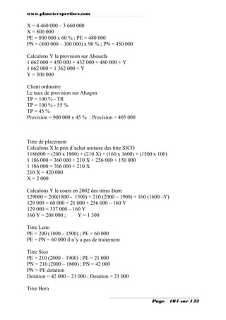 www.planeteexpertises.com
Page 104 sur 132
X = 4 460 000 – 3 660 000
X = 800 000
PE = 800 000 x 60 % ; PE = 480 000
PN = (800 000 – 300 000) x 90 % ; PN = 450 000
Calculons Y la provision sur Ahouéfa
1 662 000 = 450 000 + 432 000 + 480 000 + Y
1 662 000 = 1 362 000 + Y
Y = 300 000
Client ordinaire
Le taux de provision sur Ahogon
TP = 100 % - TR
TP = 100 % - 55 %
TP = 45 %
Provision = 900 000 x 45 % ; Provision = 405 000
Titre de placement
Calculons X le prix d’achat unitaire des titre SICO
1186000 = (200 x 1800) + (210 X) + (160 x 1600) + (1500 x 100)
1 186 000 = 360 000 + 210 X + 256 000 + 150 000
1 186 000 = 766 000 + 210 X
210 X = 420 000
X = 2 000
Calculons Y le cours en 2002 des titres Bern
129000 = 200(1800 - 1500) + 210 (2000 – 1900) + 160 (1600 –Y)
129 000 = 60 000 + 21 000 + 256 000 – 160 Y
129 000 = 337 000 – 160 Y
160 Y = 208 000 ; Y = 1 300
Titre Leno
PE = 200 (1800 – 1500) ; PE = 60 000
PE = PN = 60 000 il n’y a pas de traitement
Titre Sico
PE = 210 (2000 – 1900) ; PE = 21 000
PN = 210 (2000 – 1800) ; PN = 42 000
PN > PE dotation
Dotation = 42 000 – 21 000 ; Dotation = 21 000
Titre Bern
 