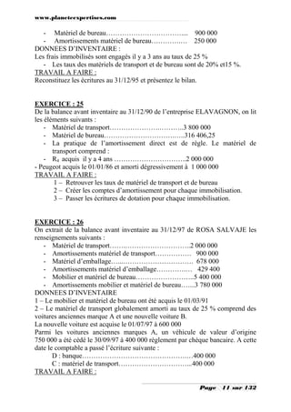 www.planeteexpertises.com
Page 11 sur 132
- Matériel de bureau…………………………….... 900 000
- Amortissements matériel de bureau………….… 250 000
DONNEES D’INVENTAIRE :
Les frais immobilisés sont engagés il y a 3 ans au taux de 25 %
- Les taux des matériels de transport et de bureau sont de 20% et15 %.
TRAVAIL A FAIRE :
Reconstituez les écritures au 31/12/95 et présentez le bilan.
EXERCICE : 25
De la balance avant inventaire au 31/12/90 de l’entreprise ELAVAGNON, on lit
les éléments suivants :
- Matériel de transport………………….………..3 800 000
- Matériel de bureau………………………….…..316 406,25
- La pratique de l’amortissement direct est de règle. Le matériel de
transport comprend :
- R4 acquis il y a 4 ans …………………………..2 000 000
- Peugeot acquis le 01/01/86 et amorti dégressivement à 1 000 000
TRAVAIL A FAIRE :
1 – Retrouver les taux de matériel de transport et de bureau
2 – Créer les comptes d’amortissement pour chaque immobilisation.
3 – Passer les écritures de dotation pour chaque immobilisation.
EXERCICE : 26
On extrait de la balance avant inventaire au 31/12/97 de ROSA SALVAJE les
renseignements suivants :
- Matériel de transport…….………………………..2 000 000
- Amortissements matériel de transport……………. 900 000
- Matériel d’emballage…...…………………………. 678 000
- Amortissements matériel d’emballage………….… 429 400
- Mobilier et matériel de bureau……………………..5 400 000
- Amortissements mobilier et matériel de bureau…....3 780 000
DONNEES D’INVENTAIRE
1 – Le mobilier et matériel de bureau ont été acquis le 01/03/91
2 – Le matériel de transport globalement amorti au taux de 25 % comprend des
voitures anciennes marque A et une nouvelle voiture B.
La nouvelle voiture est acquise le 01/07/97 à 600 000
Parmi les voitures anciennes marques A, un véhicule de valeur d’origine
750 000 a été cédé le 30/09/97 à 400 000 règlement par chèque bancaire. A cette
date le comptable a passé l’écriture suivante :
D : banque……………………………………….…400 000
C : matériel de transport…………………………...400 000
TRAVAIL A FAIRE :
 