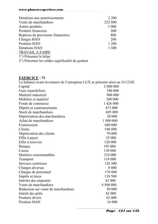 www.planeteexpertises.com
Page 124 sur 132
Dotations aux amortissements 2 200
Vente de marchandises 252 800
Autres produits 1 000
Produits financiers 600
Reprises de provisions financières 800
Charges HAO 200
Produits HAO 1 200
Dotations HAO 1 600
TRAVAIL A FAIRE
1°) Présenter le bilan
2°) Présenter les soldes significatifs de gestion
EXERCICE : 71
La balance avant inventaire de l’entreprise LUX se présente ainsi au 31/12/02
Capital 2 000 000
Frais immobilisés 540 000
Matériel industriel 900 000
Mobilier et matériel 300 000
Fonds de commerce 1 426 000
Dépôts et cautionnements 473 000
Stock de marchandises 695 000
Dépréciation des marchandises 20 000
Achat de marchandises 1 800 000
Fournisseurs 680 000
Clients 540 000
Dépréciation des clients 70 000
Effet à payer 35 000
Effet à recevoir 120 000
Banque 195 000
Caisse 130 000
Matières consommables 210 000
Transport 119 000
Services extérieurs 126 500
Charges diverses 8 000
Charges de personnel 170 000
Impôts et taxes 130 500
Intérêts des emprunts 82 000
Vente de marchandises 4 500 000
Réduction sur vente de marchandises 50 000
Intérêt des prêts 42 000
Produits divers 62 000
Produits HAO 16 000
 