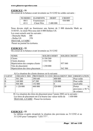 www.planeteexpertises.com
Page 22 sur 132
EXERCICE : 51
On extrait de la balance avant inventaire au 31/12/02 les soldes suivants :
NUMERO ELEMENTS DEBIT CREDIT
4011
4111
Fournisseurs
Client Win 2 400 000
930 000
Nous devons réglé au fournisseur une facture de 3 000 deutsche Mark au
31/03/03 ; le client Win nous doit 4 000 Dollars US.
Les cours actuels sont les suivants :
- Deutsche Mark 300
- Dollar US 570
TRAVAIL A FAIRE :
Passer au journal les écritures.
EXERCICE : 52
On extrait de la balance avant inventaire au 31/12/02
NOMS SOLDES DEBIT SOLDES CREDIT
Clients
Clients douteux
Dépréciation des comptes clients
Titre de placement
Dépréciation des titres placement
6 194 560
1 533 760
1 250 000
957 840
562 500
A) La situation des clients douteux est la suivante
CLIENT CREANCE 2001 PROVISION 31/12/01 REGLEMENT 2002 OBSERVATION
A 581 280 290 640 400 000 Pour solde
B 168 000 67 200 120 000 Pour solde
C 504 480 152 000 0 insolvable
D 1 120 000 448 000 320 000 Porter la
provision à 50 %
de créance
B ) La situation des titres de placement pour l’année 2002 est la suivante :
Les titres de placement ont à la bourse une valeur réelle de 1 050 000
TRAVAIL A FAIRE : Passer les écritures
EXERCICE : 53
Le tableau ci-après récapitule la situation des provisions au 31/12/02 et au
31/12/03 pour l’entreprise ‘’LES 777’’.
 