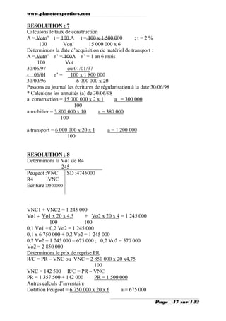 www.planeteexpertises.com
Page 47 sur 132
RESOLUTION : 7
Calculons le taux de construction
A = Votn’ t = 100 A t = 100 x 1 500 000 ; t = 2 %
100 Von’ 15 000 000 x 6
Déterminons la date d’acquisition de matériel de transport :
A = Votn’ n’ = 100A n’ = 1 an 6 mois
100 Vot
30/06/97 ou 01/01/97
- 06/01 n’ = 100 x 1 800 000
30/00/96 6 000 000 x 20
Passons au journal les écritures de régularisation à la date 30/06/98
* Calculons les annuités (a) de 30/06/98
a construction = 15 000 000 x 2 x 1 a = 300 000
100
a mobilier = 3 800 000 x 10 a = 380 000
100
a transport = 6 000 000 x 20 x 1 a = 1 200 000
100
RESOLUTION : 8
Déterminons la Vo1 de R4
245
Peugeot :VNC
R4 :VNC
Ecriture :3500000
SD :4745000
VNC1 + VNC2 = 1 245 000
Vo1 - Vo1 x 20 x 4,5 + Vo2 x 20 x 4 = 1 245 000
100 100
0,1 Vo1 + 0,2 Vo2 = 1 245 000
0,1 x 6 750 000 + 0,2 Vo2 = 1 245 000
0,2 Vo2 = 1 245 000 – 675 000 ; 0,2 Vo2 = 570 000
Vo2 = 2 850 000
Déterminons le prix de reprise PR
R/C = PR – VNC ou VNC = 2 850 000 x 20 x4,75
100
VNC = 142 500 R/C = PR – VNC
PR = 1 357 500 + 142 000 PR = 1 500 000
Autres calculs d’inventaire
Dotation Peugeot = 6 750 000 x 20 x 6 a = 675 000
 