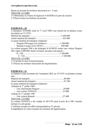 www.planeteexpertises.com
Page 6 sur 132
Passer au journal les écritures nécessaires (n = 5 ans)
TRAVAIL A FAIRE
1°) Déterminez la Valeur d’origine de VAVIEM et le prix de cession
2°) Passer toutes les écritures au journal.
EXERCICE : 10
L’entreprise AYINDE créée le 1er
avril 1990 vous fournit de sa balance avant
inventaire au 31/12/93
Matériel de transport …………………………………….3 450 000
Amort matériel de transport……………………………… 825 000
Le poste matériel de transport comprend :
- Peugeot 504 acquis à la création à …...………….1 500 000
- Renault 4 acquis le 01/10/93 à ………..……….. 850 000
La voiture peugeot 504 a été échangée le 01/08/93 contre une voiture Peugeot
505 valant 2 000 000. Seule l’écriture suivante a été passée :
D : 245…………………………………………...1 100 000
C : 521……………………………………………1 100 000
TRAVAIL A FAIRE
1°) Calculer le taux d’amortissement
2°) Passez les écritures nécessaires de régularisation.
EXERCICE : 11
La balance avant inventaire de l’entreprise SGC au 31/12/91 se présente comme
suit :
Matériel de transport……………………………….………..80 000
Amort matériel de transport…………………………….…...47 340
Le poste matériel de transport comprend :
Achetées le 1er
juillet 1986 :
- Une camionnette Peugeot :…………………………..29 000
- Une voiture TOYOTA………………………………23 000
Achetée le 1er
octobre 1991
- Une voiture Renault……………………..…………..27 400
TRAVAIL A FAIRE
La voiture TOYOTA a été vendue le 30/12/91 pour le prix de 6 200. Aucune
écriture n’a été passée.
L’acheteur accepte un effet correspondant au 31 janvier.
Comptabiliser la vente et passée les écritures de régularisation.
 