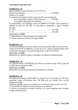 www.planeteexpertises.com
Page 7 sur 132
EXERCICE : 12
Dans la balance avant inventaire au 31/12/99 on a :
Matériel de transport……………………………….…….2 290 000
Donnée d’inventaire
Le matériel de transport amorti au taux de 20 % est constitué de :
- Une camionnette acquise le 01/07/94 pour …….. 1 350 000
- Un peugeot 504 acquis le 01/09/99 à …………………….?
La camionnette a été échangée contre une BMW le 01/10/99. Cette opération a
entraîné un gain de 250 000. A cette date le comptable a passé l’écriture
suivante :
D : 245……………………………………………………..415 000
C : 52………………………………………………………415 000
TRAVAIL A FAIRE
1°) Déterminez la valeur d’origine du Peugeot 504
2°) Passez toutes les écritures de régularisation.
EXERCICE : 13
La durée d’utilisation d’un bien amorti suivant le système dégressif est de 8 ans.
Acquis le 01/01/92 la différence à la fin de sa 6ème
année d’amortissement entre
son annuité constante et son annuité dégressive est de 92 250, 0824
TRAVAIL A FAIRE
Déterminer sa valeur d’origine et présenter son tableau d’amortissement.
EXERCICE : 14
Un véhicule acheté à 100 000 fin juin 1992 est revendu fin mars 1995 au prix de
41 000. Soit une perte de 4 000.
TRAVAIL A FAIRE
Déterminer le taux d’amortissement constant de ce véhicule.
EXERCICE : 15
Un matériel de bureau amortissable en cinq (5) ans est revendu à la fin de la
quatrième année d’utilisation pour 100 000 avec un résultat hors activité
créditeur de 9280.
TRAVAIL A FAIRE : Sachant qu’il bénéficie de l’amortissement dégressif prévu par la loi :
1°) reconstituer le tableau d’amortissement de ce matériel
2°) passer au journal les écritures relatives à la vente (règlement par virement
compte courant postal)
 