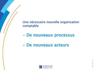 .
DRB/
MCF
-
2005
Une nécessaire nouvelle organisation
comptable
- De nouveaux processus
- De nouveaux acteurs
 
