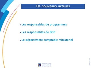 .
DRB/
MCF
-
2005
 Les responsables de programmes
 Les responsables de BOP
 Le département comptable ministériel
De nouveaux acteurs
 