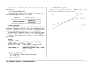 Arts Graphiques – Module 18 : Comptabilité Analytique 41
La détermination du seuil de rentabilité peut être effectuée par le calcul ou
graphiquement.
2.1. Détermination par le calcul :
Tm désignant le taux de marge sur coût variable et F les charges fixes, le
seuil de rentabilité SR est donc défini par la relation :
Tm x SR = F Soit SR = F / Tm
Charges fixes
Seuil de rentabilité =
Taux de marge
Exemple d’application :
La société INFODIS distribue auprès de revendeurs de la région de Rabat
du matériel informatique importé de Taiwan. Le coût d’achat (transport,
taxes, etc..) représente 60% du prix de revente. Les représentants sont
rémunérés en partie par une commission de 5% sur le chiffre d’affaires.
Les autres charges, d’un montant annuel de 525.000 Dhs, sont des charges
de structure. Le chiffre d’affaires réalisé l’année en cours est de 2.000.000 Dhs.
Déterminer le taux de marge sur coût variable et le seuil de rentabilité de
cette entreprise.
Solution :
Charges fixes = 525.000
Charges variables représentent 60% + 5%, soit 65% du chiffre d’affaires
Charges variables = 65% x 2.000.000 = 1.300.000
Marge sur coût variable = Chiffre d’affaires – Charges variables
= 2.000.000 – 1.300.000 = 700.000
Le taux de marge Tm = Marge sur coût variable / Chiffre d’affaires
= 700.000 / 2.000.000
= 35%
Le Seuil de rentabilité est donc de :
SR = Charges fixes / Taux de marge sur coût variable
SR = 525.000 / 35%
SR = 1.500.000 Dhs
2.2. Détermination graphique :
Graphiquement on peut tracer l’évolution du Chiffre d’affaires et des
charges en fonction des quantités produites et vendues.
Chiffre d’affaires
Charges V + F
Charges F
 
