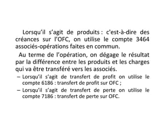 Lorsqu’il s’agit de produits : c'est-à-dire des
créances sur l’OFC, on utilise le compte 3464
associés-opérations faites en commun.
Au terme de l’opération, on dégage le résultat
par la différence entre les produits et les charges
qui va être transféré vers les associés.
– Lorsqu’il s’agit de transfert de profit on utilise le
compte 6186 : transfert de profit sur OFC ;
– Lorsqu’il s’agit de transfert de perte on utilise le
compte 7186 : transfert de perte sur OFC.
 