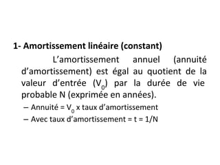 1- Amortissement linéaire (constant)
L’amortissement annuel (annuité
d’amortissement) est égal au quotient de la
valeur d’entrée (V0
) par la durée de vie
probable N (exprimée en années).
– Annuité = V0
x taux d’amortissement
– Avec taux d’amortissement = t = 1/N
 