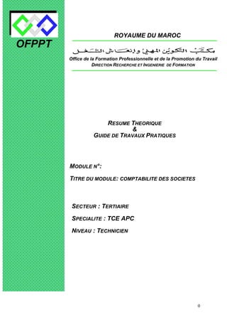 ROYAUME DU MAROC
OFPPT
        Office de la Formation Professionnelle et de la Promotion du Travail
                   DIRECTION RECHERCHE ET INGENIERIE DE FORMATION




                       RESUME THEORIQUE
                                &
                   GUIDE DE TRAVAUX PRATIQUES




        MODULE N°:

        TITRE DU MODULE: COMPTABILITE DES SOCIETES



         SECTEUR : TERTIAIRE
         SPECIALITE : TCE APC
         NIVEAU : TECHNICIEN




                                                                   0
 