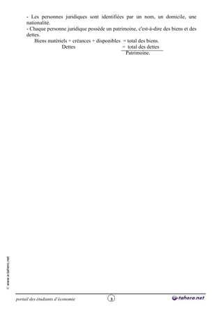 - Les personnes juridiques sont identifiées par un nom, un domicile, une
                          nationalité.
                          - Chaque personne juridique possède un patrimoine, c'est-à-dire des biens et des
                          dettes.
                              Biens matériels + créances + disponibles = total des biens.
                                          Dettes                       = total des dettes
                                                                        Patrimoine.
© www.e-tahero.net




                     portail des étudiants d’économie            3
 
