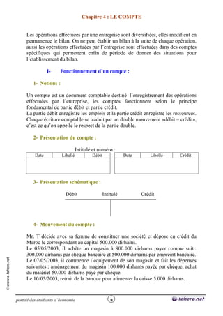 Chapitre 4 : LE COMPTE


                          Les opérations effectuées par une entreprise sont diversifiées, elles modifient en
                          permanence le bilan. On ne peut établir un bilan à la suite de chaque opération,
                          aussi les opérations effectuées par l’entreprise sont effectuées dans des comptes
                          spécifiques qui permettent enfin de période de donner des situations pour
                          l’établissement du bilan.

                                      I-    Fonctionnement d’un compte :

                              1- Notions :

                          Un compte est un document comptable destiné l’enregistrement des opérations
                          effectuées par l’entreprise, les comptes fonctionnent selon le principe
                          fondamental de partie débit et partie crédit.
                          La partie débit enregistre les emplois et la partie crédit enregistre les ressources.
                          Chaque écriture comptable se traduit par un double mouvement «débit = crédit»,
                          c’est ce qu’on appelle le respect de la partie double.

                              2- Présentation du compte :

                                                       Intitulé et numéro :
                               Date          Libellé           Débit           Date       Libellé     Crédit




                              3- Présentation schématique :

                                               Débit                Intitulé          Crédit




                              4- Mouvement du compte :

                          Mr. T décide avec sa femme de constituer une société et dépose en crédit du
                          Maroc le correspondant au capital 500.000 dirhams.
                          Le 05/05/2003, il achète un magasin à 800.000 dirhams payer comme suit :
                          300.000 dirhams par chèque bancaire et 500.000 dirhams par empreint bancaire.
© www.e-tahero.net




                          Le 07/05/2003, il commence l’équipement de son magasin et fait les dépenses
                          suivantes : aménagement du magasin 100.000 dirhams payée par chèque, achat
                          du matériel 50.000 dirhams payé par chèque.
                          Le 10/05/2003, retrait de la banque pour alimenter la caisse 5.000 dirhams.



                     portail des étudiants d’économie                   9
 