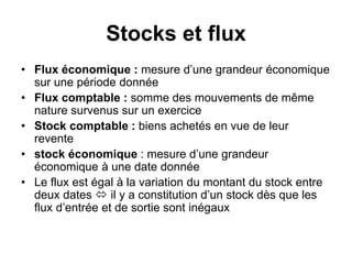 Stocks et flux
• Flux économique : mesure d’une grandeur économique
sur une période donnée
• Flux comptable : somme des mouvements de même
nature survenus sur un exercice
• Stock comptable : biens achetés en vue de leur
revente
• stock économique : mesure d’une grandeur
économique à une date donnée
• Le flux est égal à la variation du montant du stock entre
deux dates  il y a constitution d’un stock dès que les
flux d’entrée et de sortie sont inégaux
 
