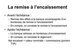 La remise à l’encaissement
• Avant l’échéance :
– Remise des effets à la banque accompagnés d’un
bordereau de remise à l’encaissement
– En compta, on constate la remise à l’encaissement
• Après l’échéance :
– La banque adresse un bordereau d’encaissement
– En compta, on constate le règlement :
Net encaissé = valeur nominale – commissions (portant
TVA)
 