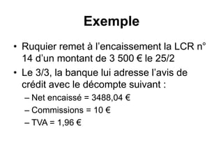 Exemple
• Ruquier remet à l’encaissement la LCR n°
14 d’un montant de 3 500 € le 25/2
• Le 3/3, la banque lui adresse l’avis de
crédit avec le décompte suivant :
– Net encaissé = 3488,04 €
– Commissions = 10 €
– TVA = 1,96 €
 