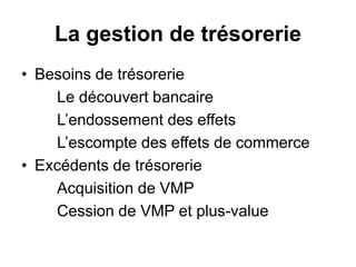 La gestion de trésorerie
• Besoins de trésorerie
Le découvert bancaire
L’endossement des effets
L’escompte des effets de commerce
• Excédents de trésorerie
Acquisition de VMP
Cession de VMP et plus-value
 