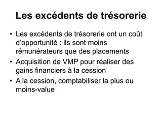 Les excédents de trésorerie
• Les excédents de trésorerie ont un coût
d’opportunité : ils sont moins
rémunérateurs que des placements
• Acquisition de VMP pour réaliser des
gains financiers à la cession
• A la cession, comptabiliser la plus ou
moins-value
 