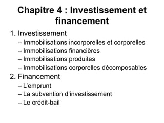 Chapitre 4 : Investissement et
financement
1. Investissement
– Immobilisations incorporelles et corporelles
– Immobilisations financières
– Immobilisations produites
– Immobilisations corporelles décomposables
2. Financement
– L’emprunt
– La subvention d’investissement
– Le crédit-bail
 