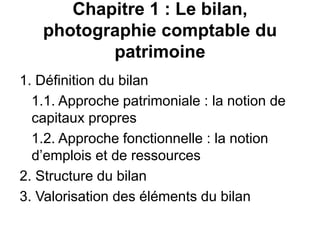 Chapitre 1 : Le bilan,
photographie comptable du
patrimoine
1. Définition du bilan
1.1. Approche patrimoniale : la notion de
capitaux propres
1.2. Approche fonctionnelle : la notion
d’emplois et de ressources
2. Structure du bilan
3. Valorisation des éléments du bilan
 