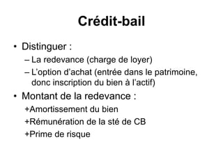 Crédit-bail
• Distinguer :
– La redevance (charge de loyer)
– L’option d’achat (entrée dans le patrimoine,
donc inscription du bien à l’actif)
• Montant de la redevance :
+Amortissement du bien
+Rémunération de la sté de CB
+Prime de risque
 