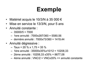 Exemple
• Matériel acquis le 10/3/N à 35 000 €
• Mise en service le 13/3/N, pour 5 ans
• Annuité constante :
– 35000/5 = 7000
– 1ere annuité : 7000x287/360 = 5580,56
– dernière annuité : 7000x73/360 = 1419,44
• Annuité dégressive :
– Taux = 20 % x 1,75 = 35 %
– 1ère annuité : 35000x35%x10/12 = 10208,33
– 2ème annuité : 10208,33 x35% = 8677,08
– 4ème annuité : VNC/2 > VNCx35% => annuité constante
 