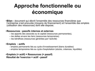 Approche fonctionnelle ou
économique
•Bilan : document qui décrit l’ensemble des ressources financières que
l’entreprise s’est procurée (moyens de financement) et l’ensemble des emplois
(utilisation des ressources) dont elle dispose.
•Ressources : passifs internes et externes
– les apports des associés ou le capital (ressources permanentes),
– les dettes envers les tiers (ressources temporaires)
– les bénéfices (ressources générées par l’activité)
•Emplois : actifs
- emplois permanents liés au cycle d’investissement (biens durables)
- emplois temporaires liés au cycle d’exploitation (stocks, créances, liquidités)
•Emplois (= actif) = Ressources (= passif)
Résultat de l’exercice = actif - passif
 