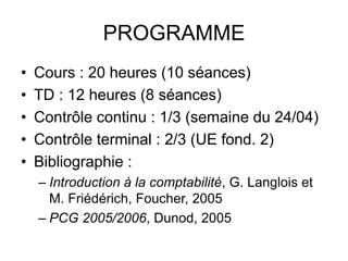 PROGRAMME
• Cours : 20 heures (10 séances)
• TD : 12 heures (8 séances)
• Contrôle continu : 1/3 (semaine du 24/04)
• Contrôle terminal : 2/3 (UE fond. 2)
• Bibliographie :
– Introduction à la comptabilité, G. Langlois et
M. Friédérich, Foucher, 2005
– PCG 2005/2006, Dunod, 2005
 