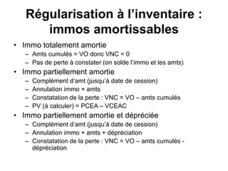Régularisation à l’inventaire :
immos amortissables
• Immo totalement amortie
– Amts cumulés = VO donc VNC = 0
– Pas de perte à constater (on solde l’immo et les amts)
• Immo partiellement amortie
– Complément d’amt (jusqu’à date de cession)
– Annulation immo + amts
– Constatation de la perte : VNC = VO – amts cumulés
– PV (à calculer) = PCEA – VCEAC
• Immo partiellement amortie et dépréciée
– Complément d’amt (jusqu’à date de cession)
– Annulation immo + amts + dépréciation
– Constatation de la perte : VNC = VO – amts cumulés -
dépréciation
 
