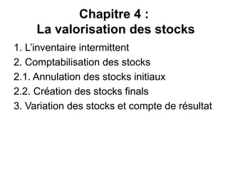 Chapitre 4 :
La valorisation des stocks
1. L’inventaire intermittent
2. Comptabilisation des stocks
2.1. Annulation des stocks initiaux
2.2. Création des stocks finals
3. Variation des stocks et compte de résultat
 